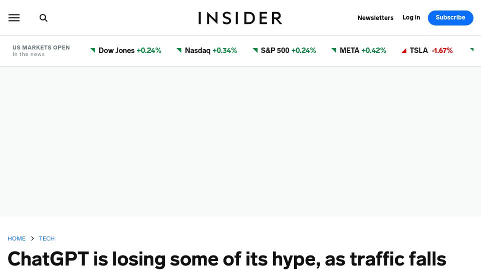 Screenshot of businessinsider.com: ChatGPT is losing some of its hype, traffic falls for the third month in a row