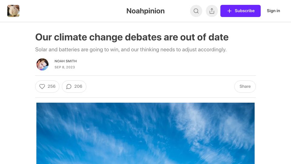 Screenshot of noahpinion.blog: Solar and batteries are going to win, and our thinking needs to adjust