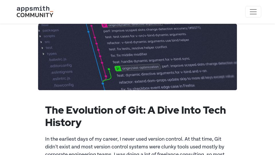 Screenshot of community.appsmith.com: Did you know Git was originally created in 10 days?
