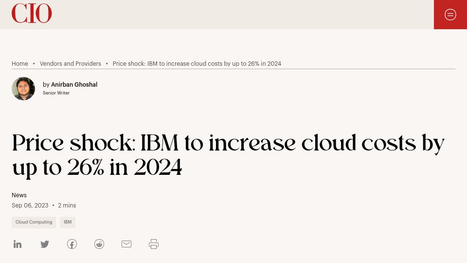 Screenshot of cio.com: Price shock: IBM to increase cloud costs by up to 26% in 2024 – CIO