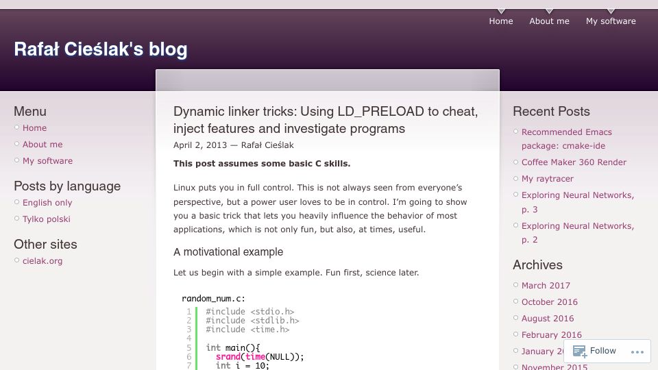 Screenshot of rafalcieslak.wordpress.com: Using LD_PRELOAD to cheat, inject features and investigate programs