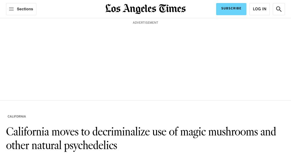 Screenshot of latimes.com: California moves to decriminalize use of magic mushrooms, other psychedelics