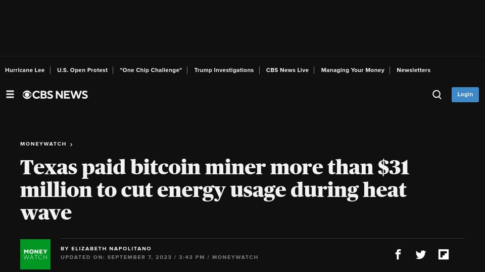 Screenshot of cbsnews.com: Texas paid Bitcoin miner more than $31M to cut energy usage