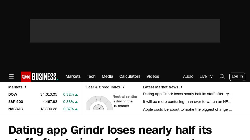 Screenshot of cnn.com: Dating app Grindr loses nearly half its staff after trying to force RTO