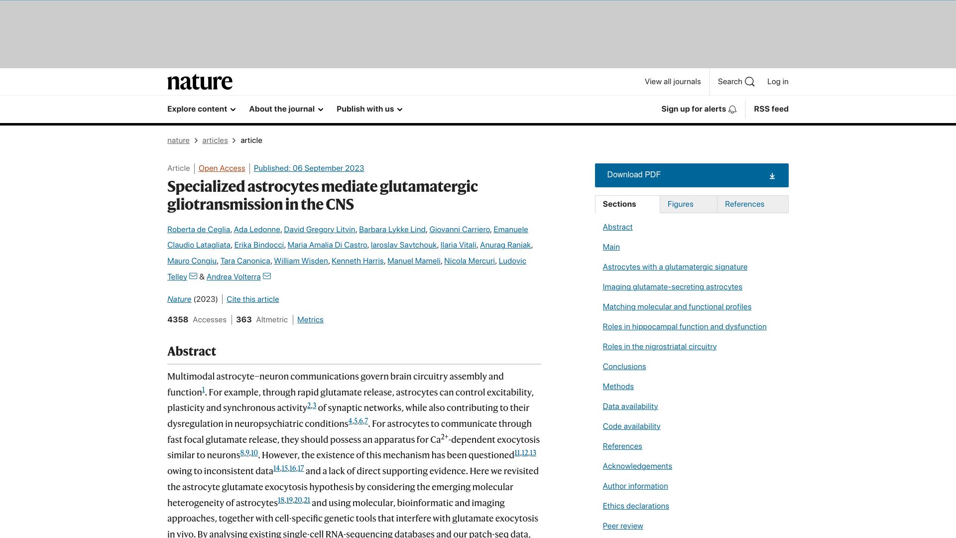 Screenshot of nature.com: Specialized astrocytes mediate glutamatergic gliotransmission in the CNS