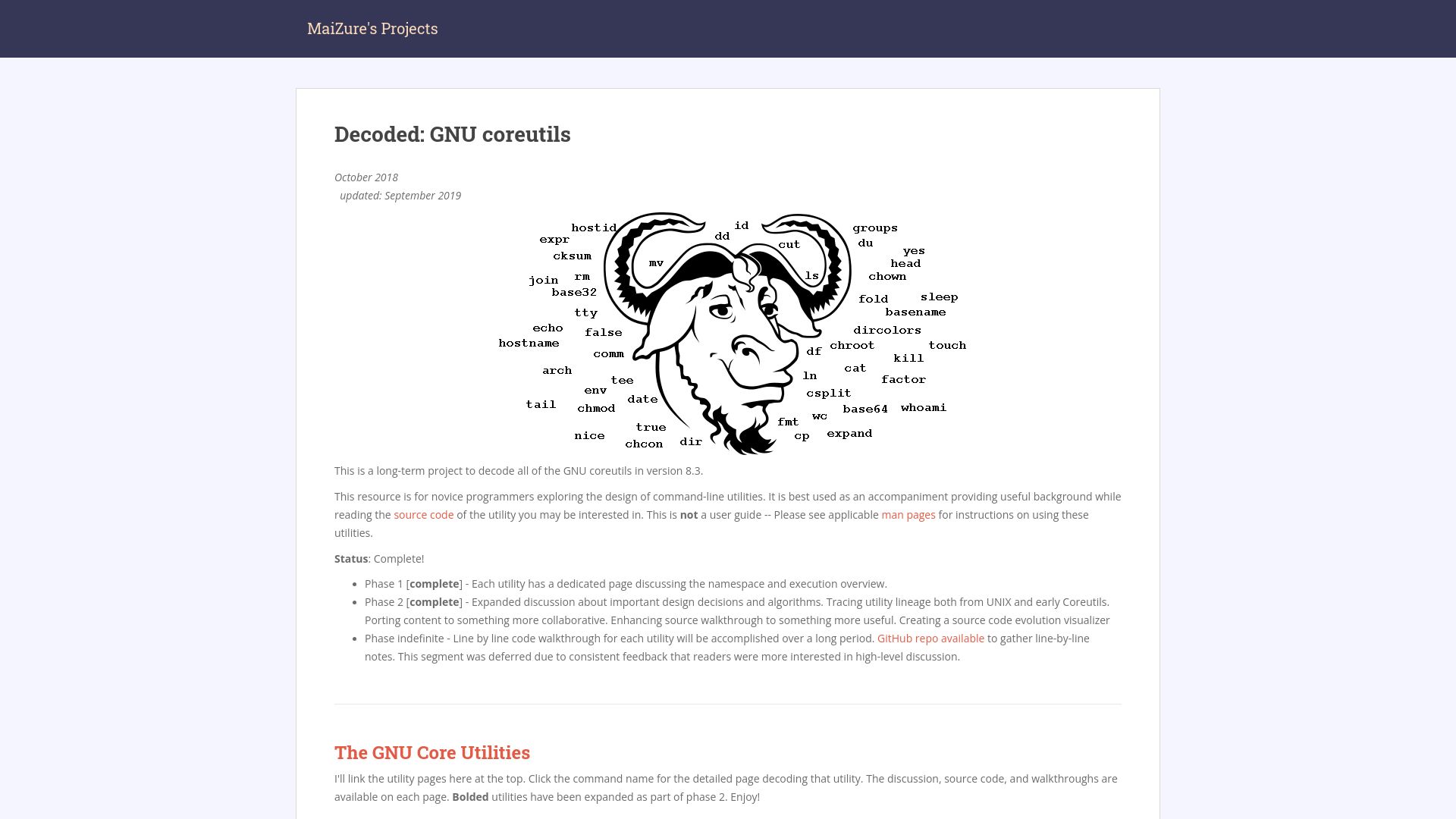 Screenshot of maizure.org: Decoded: GNU Coreutils (2018)