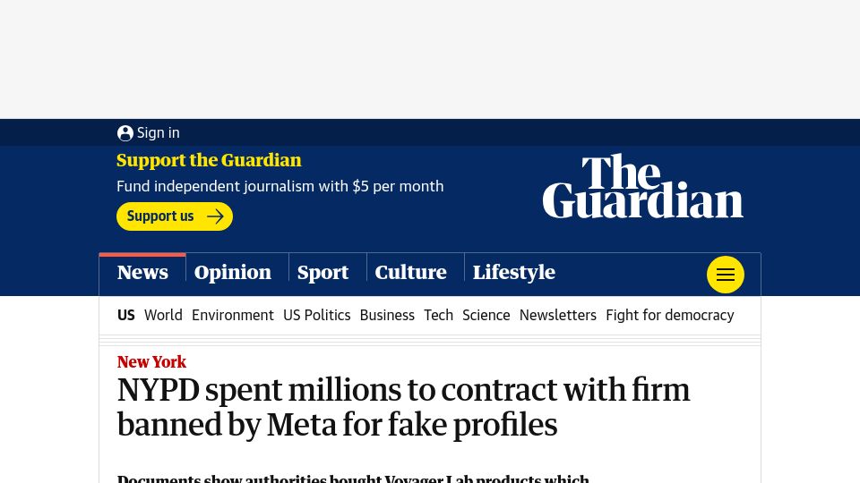 Screenshot of theguardian.com: NYPD spent millions to contract with firm banned by Meta for fake profiles