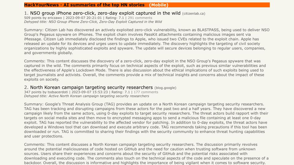 Screenshot of hackyournews.com: Show HN: HackYourNews – AI summaries of the top HN stories