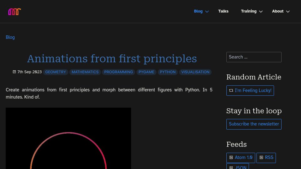 Screenshot of mathspp.com: Animations From First Principles (in 5 minutes)