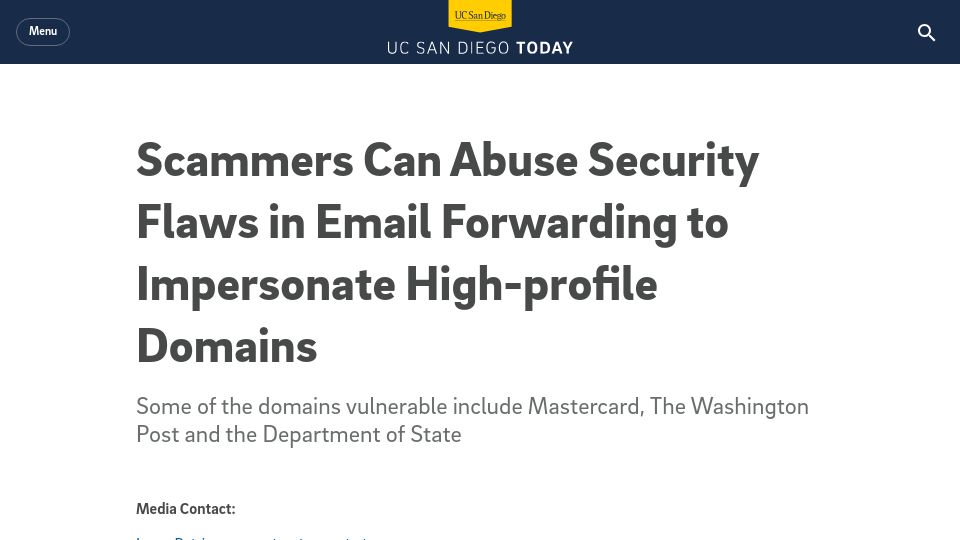 Screenshot of today.ucsd.edu: Scammers can exploit email forwarding flaws to impersonate high-profile domains