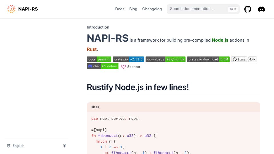 Screenshot of napi.rs: Napi: Build compiled Node.js add-ons in Rust