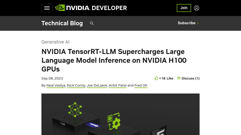 Screenshot of developer.nvidia.com: NVIDIA introduces TensorRT-LLM for accelerating LLM inference on H100/A100 GPUs