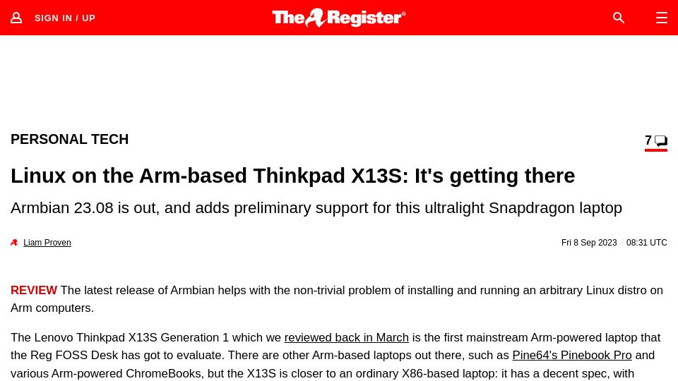 Screenshot of theregister.com: Linux on the Arm-Based ThinkPad X13S: Getting There