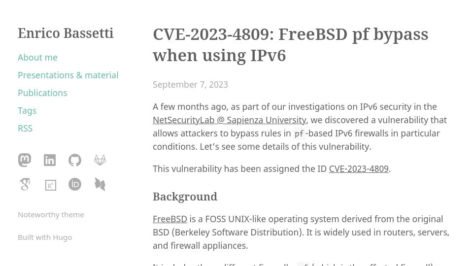Screenshot of enricobassetti.it: FreeBSD pf bypass when using IPv6