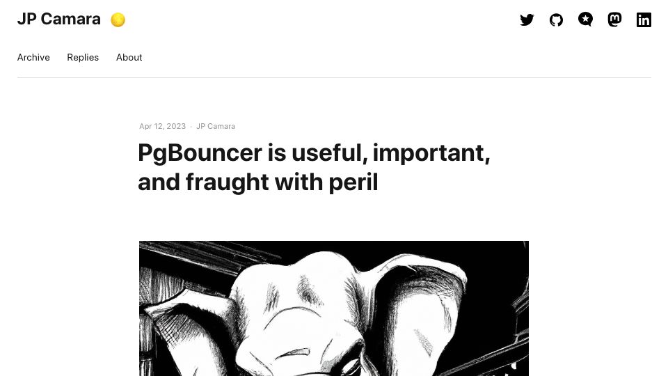 Screenshot of jpcamara.com: PgBouncer is useful, important, and fraught with peril