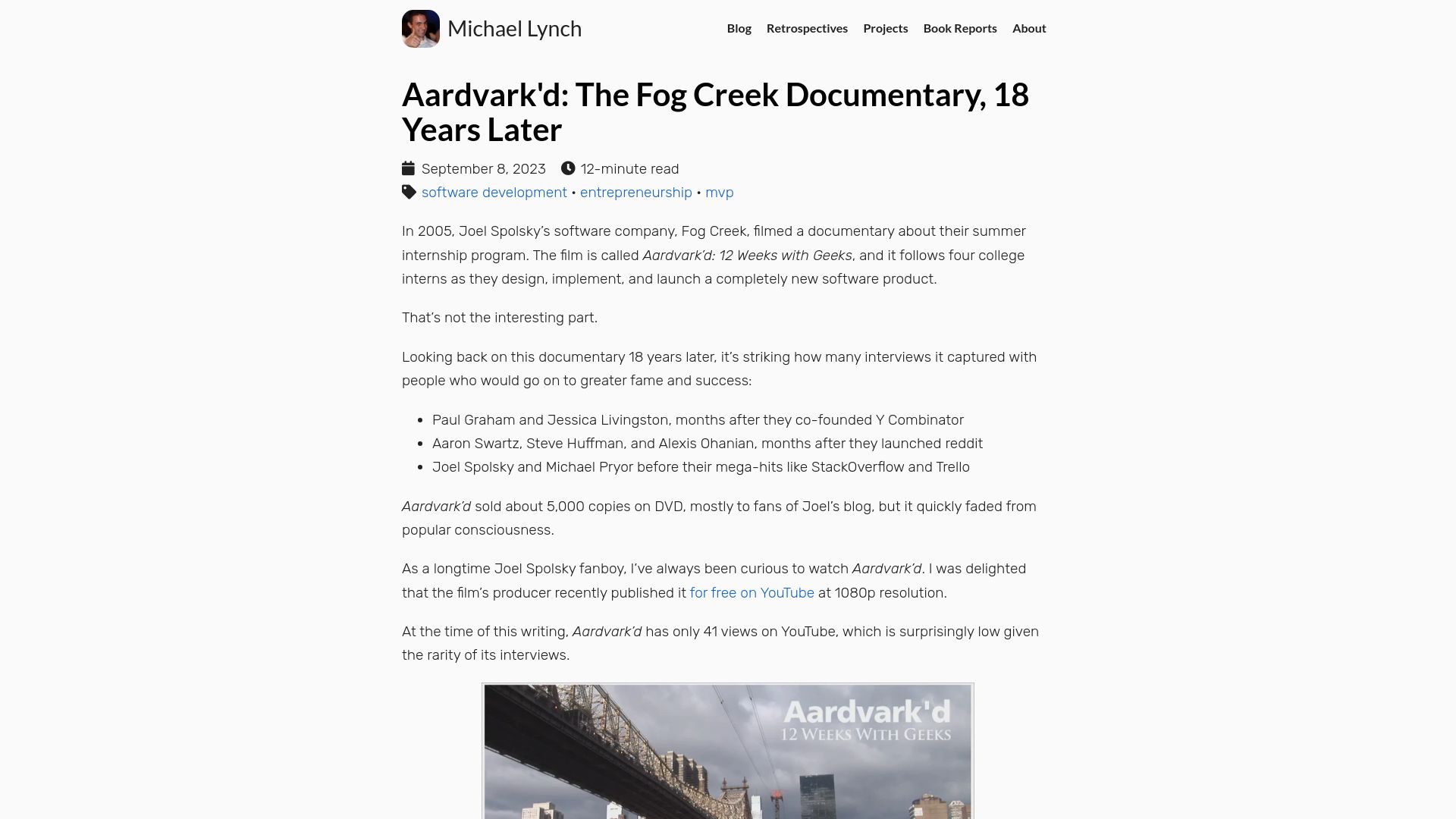 Screenshot of mtlynch.io: Aardvark'd: The Fog Creek documentary, 18 years later