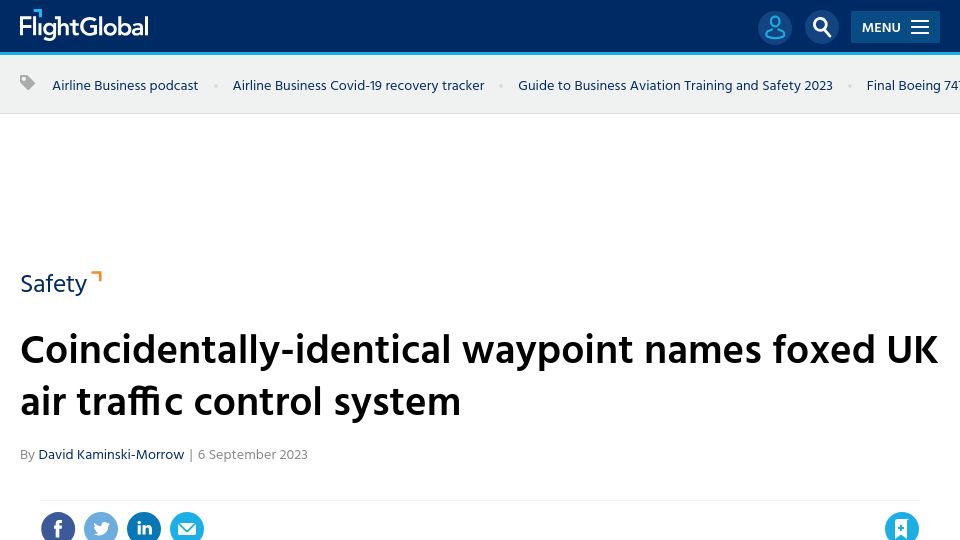 Screenshot of flightglobal.com: Coincidentally-identical waypoint names foxed UK air traffic control system