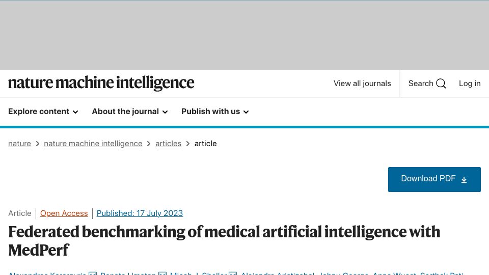 Screenshot of nature.com: Federated benchmarking of medical artificial intelligence with MedPerf