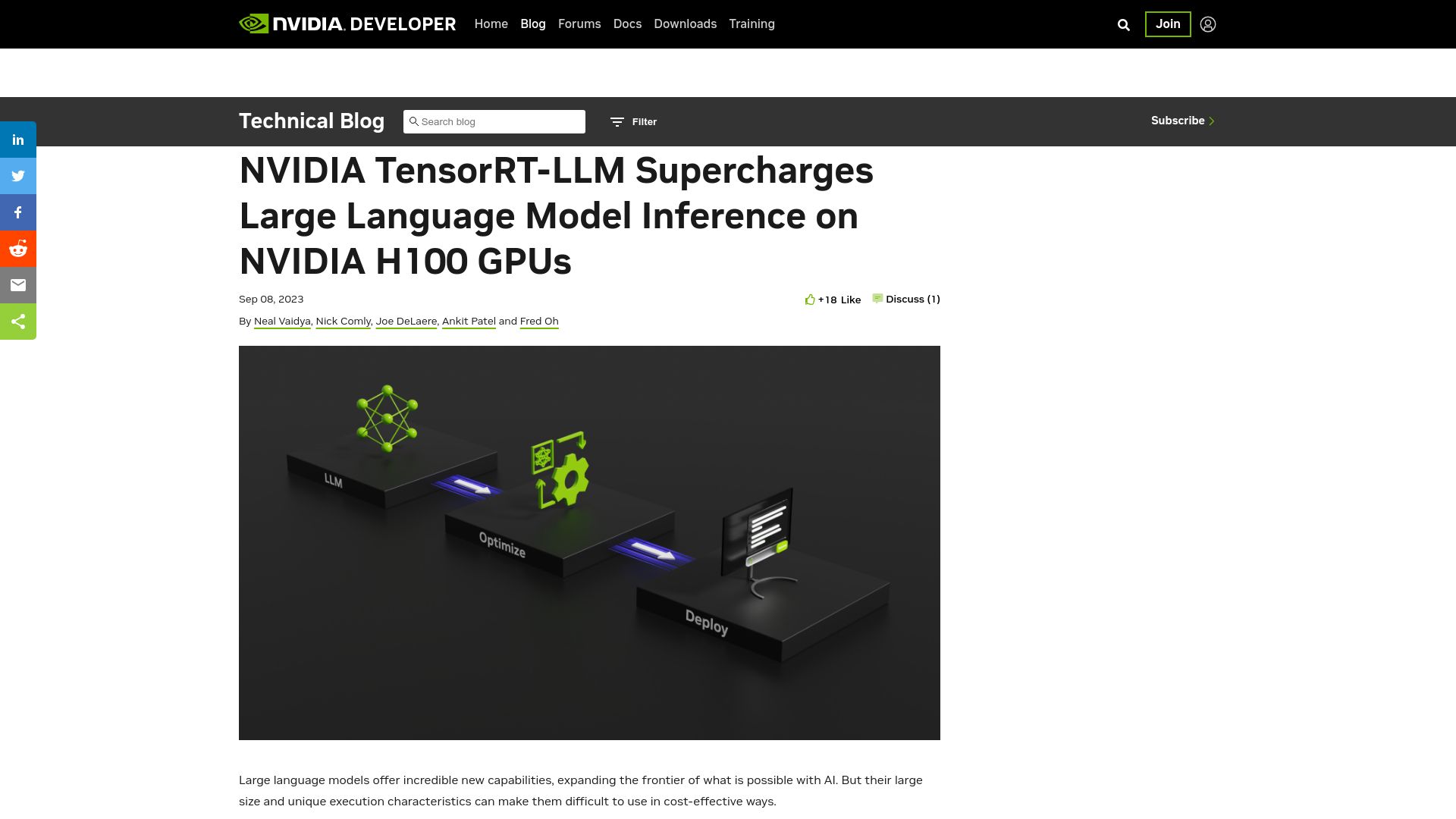 Screenshot of developer.nvidia.com: NVIDIA introduces TensorRT-LLM for accelerating LLM inference on H100/A100 GPUs