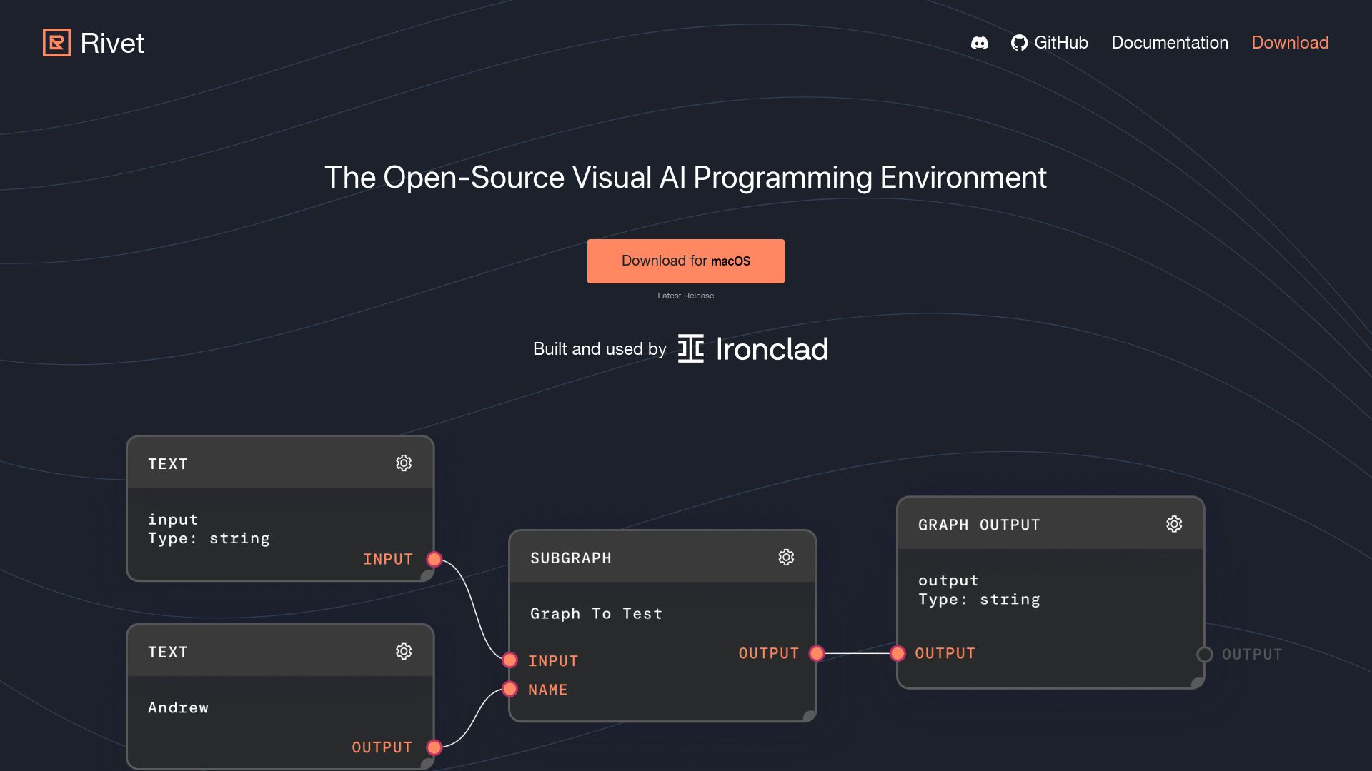 Screenshot of rivet.ironcladapp.com: Show HN: Rivet – open-source AI Agent dev env with real-world applications