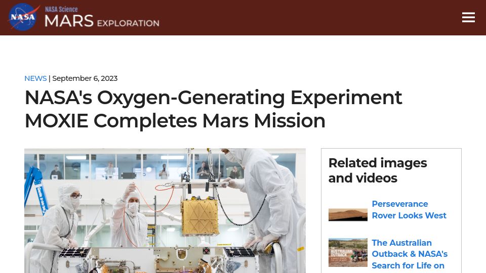 Screenshot of mars.nasa.gov: NASA's Oxygen-Generating Experiment Moxie Completes Mars Mission