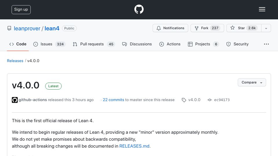 Screenshot of github.com: Lean 4.0