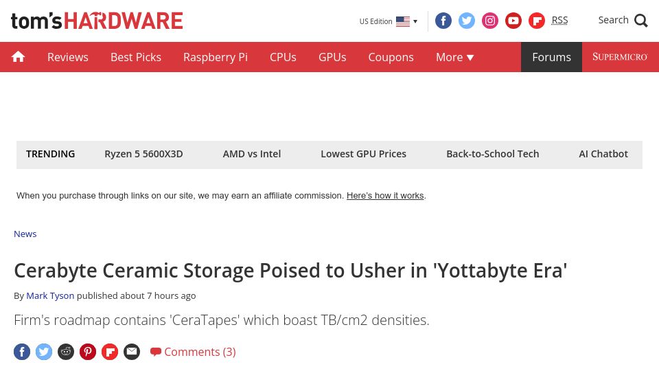 Screenshot of tomshardware.com: Cerabyte: ceramic storage poised to usher in 'yottabyte era'