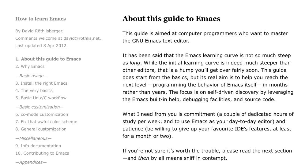Screenshot of david.rothlis.net: How to Learn Emacs (2012)