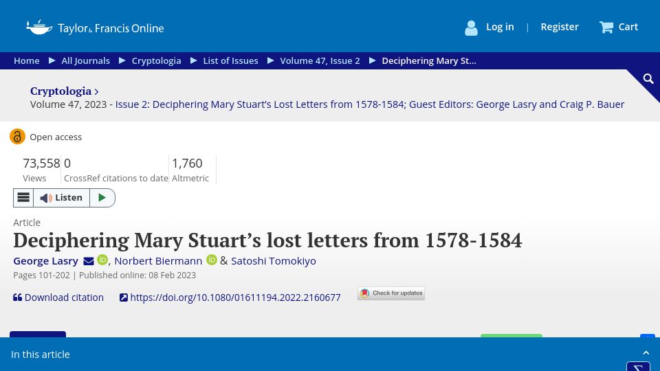 Screenshot of tandfonline.com: Deciphering Mary Stuart’s lost letters from 1578-1584