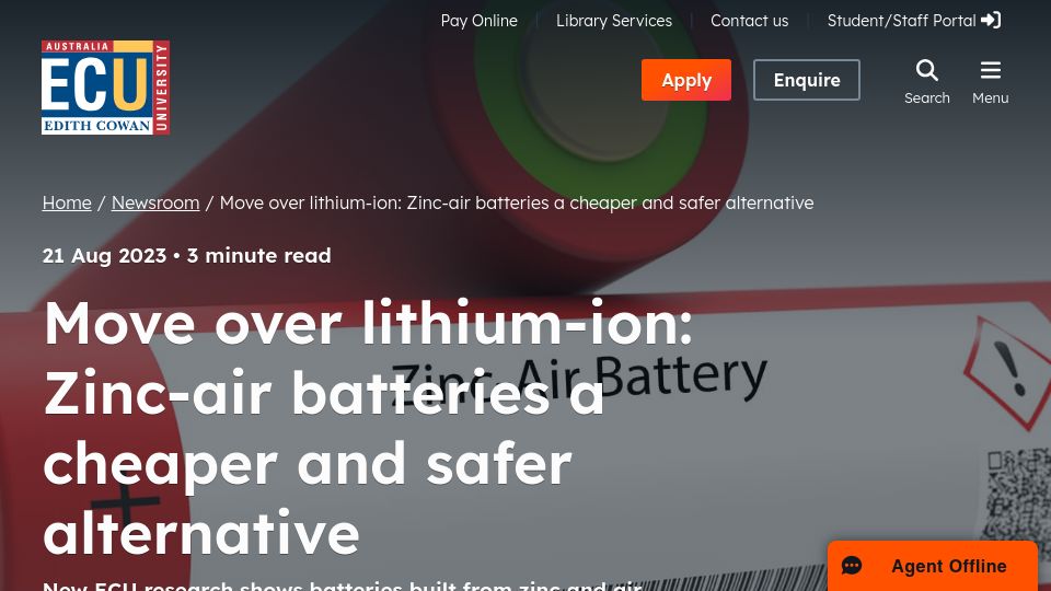 Screenshot of ecu.edu.au: Zinc-air batteries as an alternative to lithium-ion: study