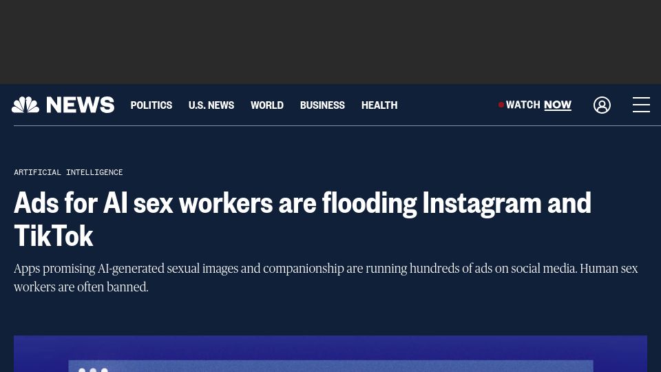 Screenshot of nbcnews.com: AI girlfriend ads are flooding Instagram and TikTok