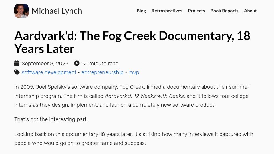 Screenshot of mtlynch.io: Aardvark'd: The Fog Creek documentary, 18 years later