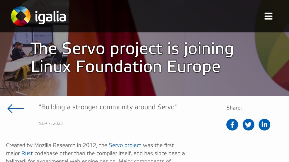 Screenshot of igalia.com: The Servo project is joining Linux Foundation Europe