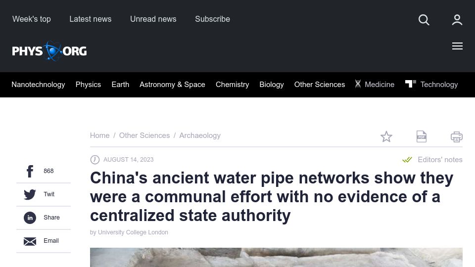 Screenshot of phys.org: China's ancient water pipe networks show no evidence of a centralized authority