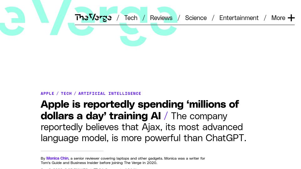 Screenshot of theverge.com: Apple is reportedly spending ‘millions of dollars a day’ training AI