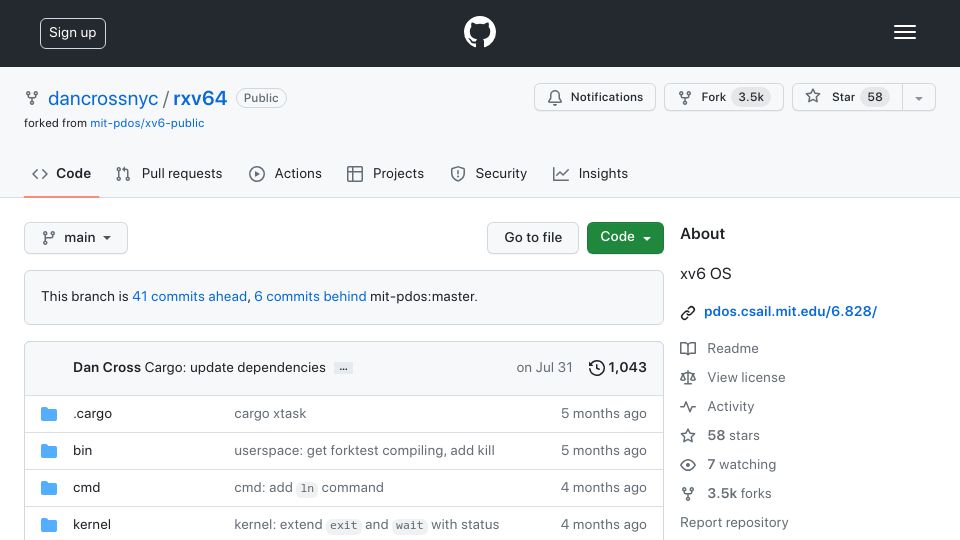 Screenshot of github.com: The rxv64 Operating System: MIT's xv6, in Rust, for SMP x86_64 machines