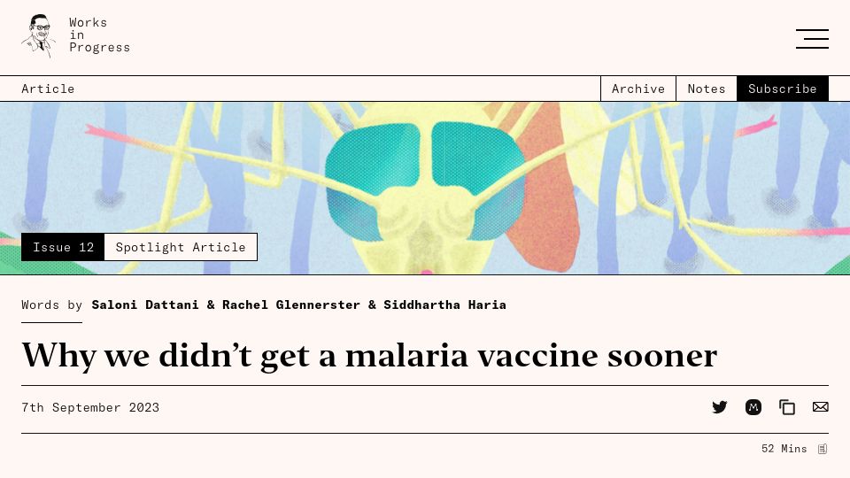 Screenshot of worksinprogress.co: Why we didn’t get a malaria vaccine sooner