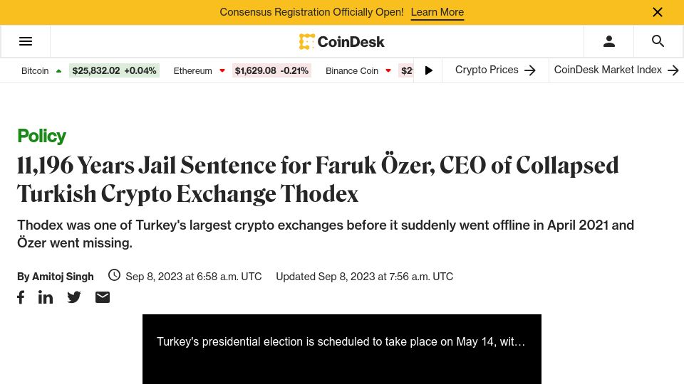 Screenshot of coindesk.com: 11,196 Years Jail Sentence for Faruk Özer, CEO of Turkish Crypto Exchange Thodex