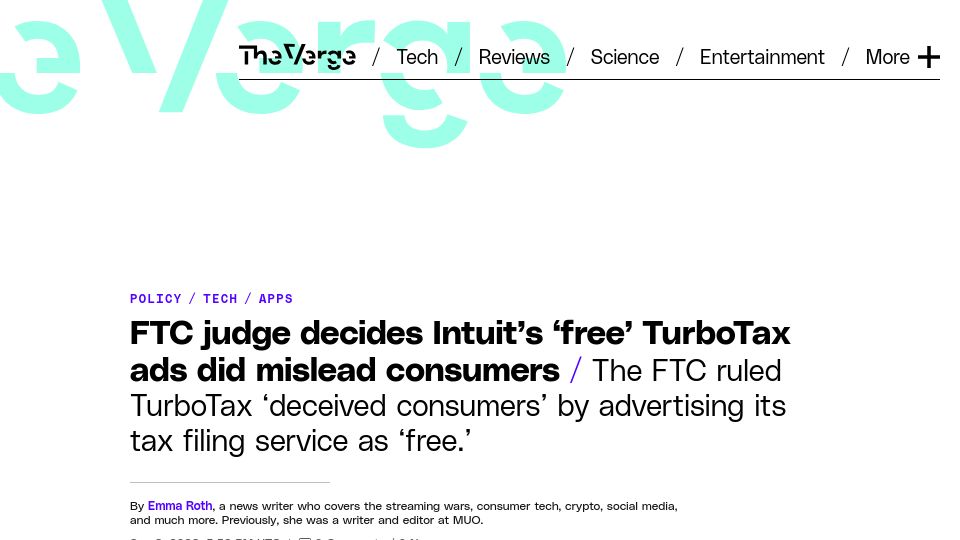 Screenshot of theverge.com: FTC judge decides Intuit’s ‘free’ TurboTax ads misled consumers
