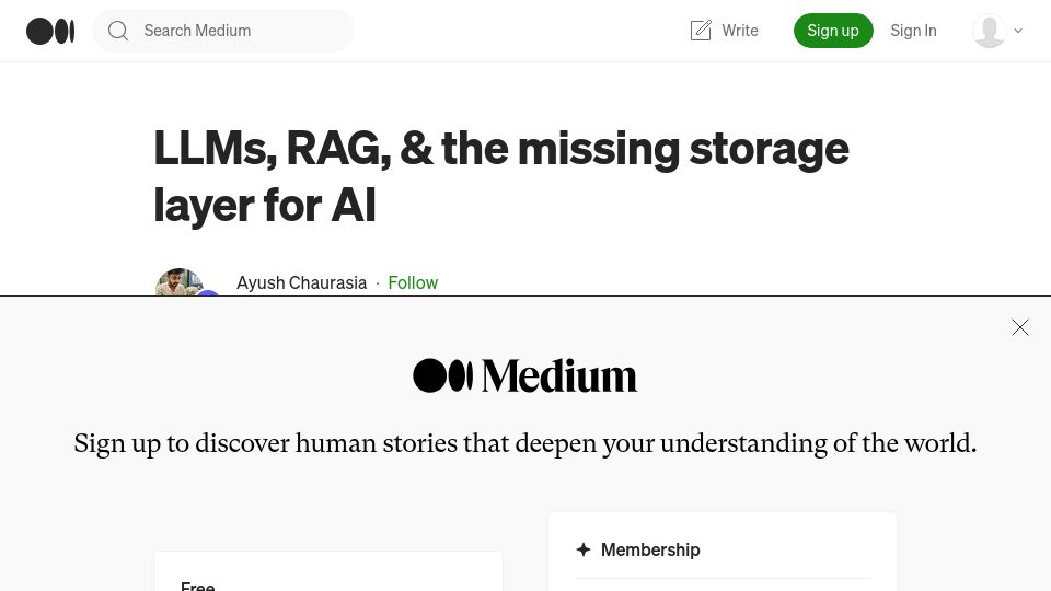 Screenshot of blog.lancedb.com: LLMs, RAG, and the missing storage layer for AI