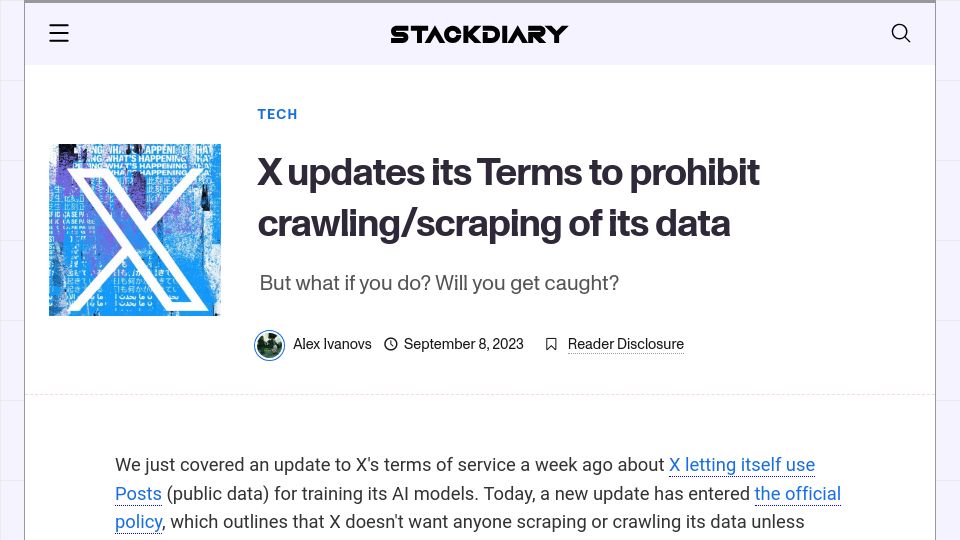 Screenshot of stackdiary.com: X updates its Terms to prohibit crawling/scraping of its data