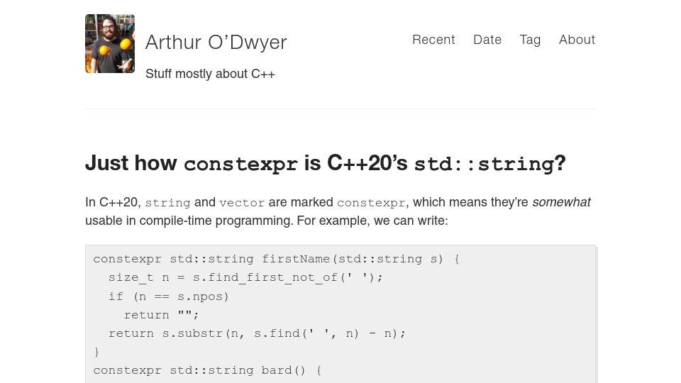 Screenshot of quuxplusone.github.io: Just how constexpr is C++20’s std:string?