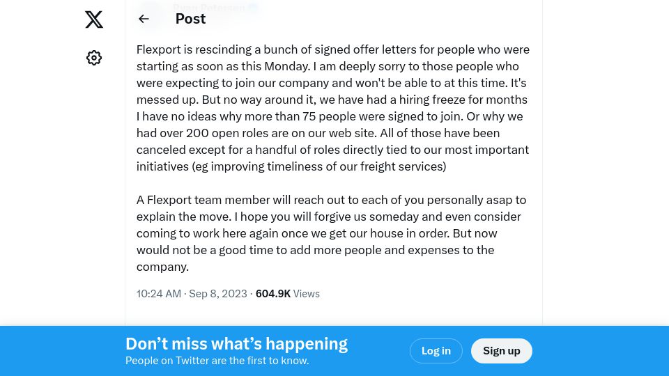 Screenshot of twitter.com: Flexport is rescinding a bunch of signed offer letters