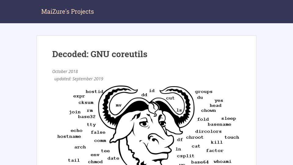 Screenshot of maizure.org: Decoded: GNU Coreutils (2018)