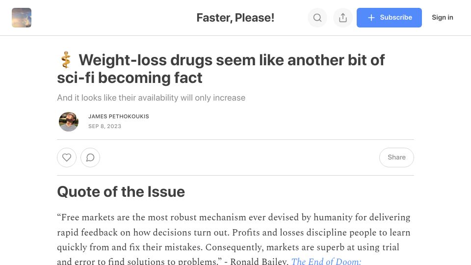 Screenshot of fasterplease.substack.com: Weight-loss drugs seem like another bit of sci-fi becoming fact