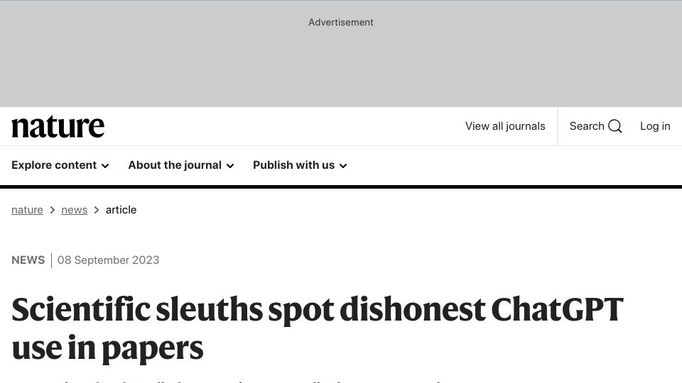 Screenshot of nature.com: Scientific sleuths spot dishonest ChatGPT use in papers