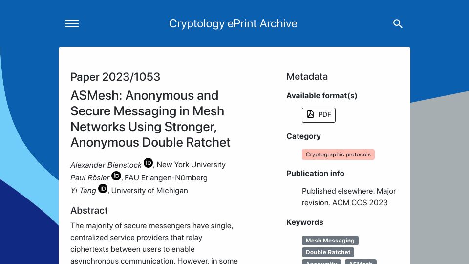 Screenshot of eprint.iacr.org: ASMesh: Anonymous, Secure Messaging in Mesh Networks