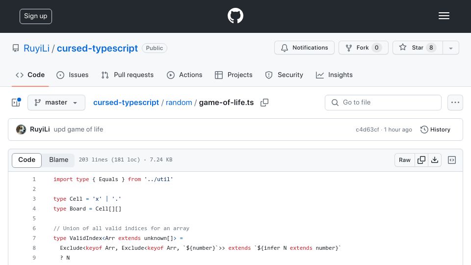 Screenshot of github.com: Show HN: Conway's Game of Life in TypeScript's type system