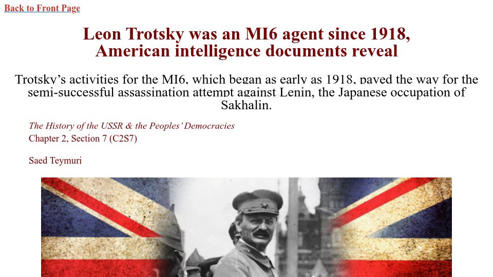 Screenshot of sovinform.net: Leon Trotsky was an MI6 agent since 1918, American intelligence documents reveal