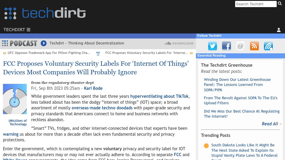 Screenshot of techdirt.com: FCC Proposes Voluntary Security Labels for IoT Most Companies Will Likely Ignore